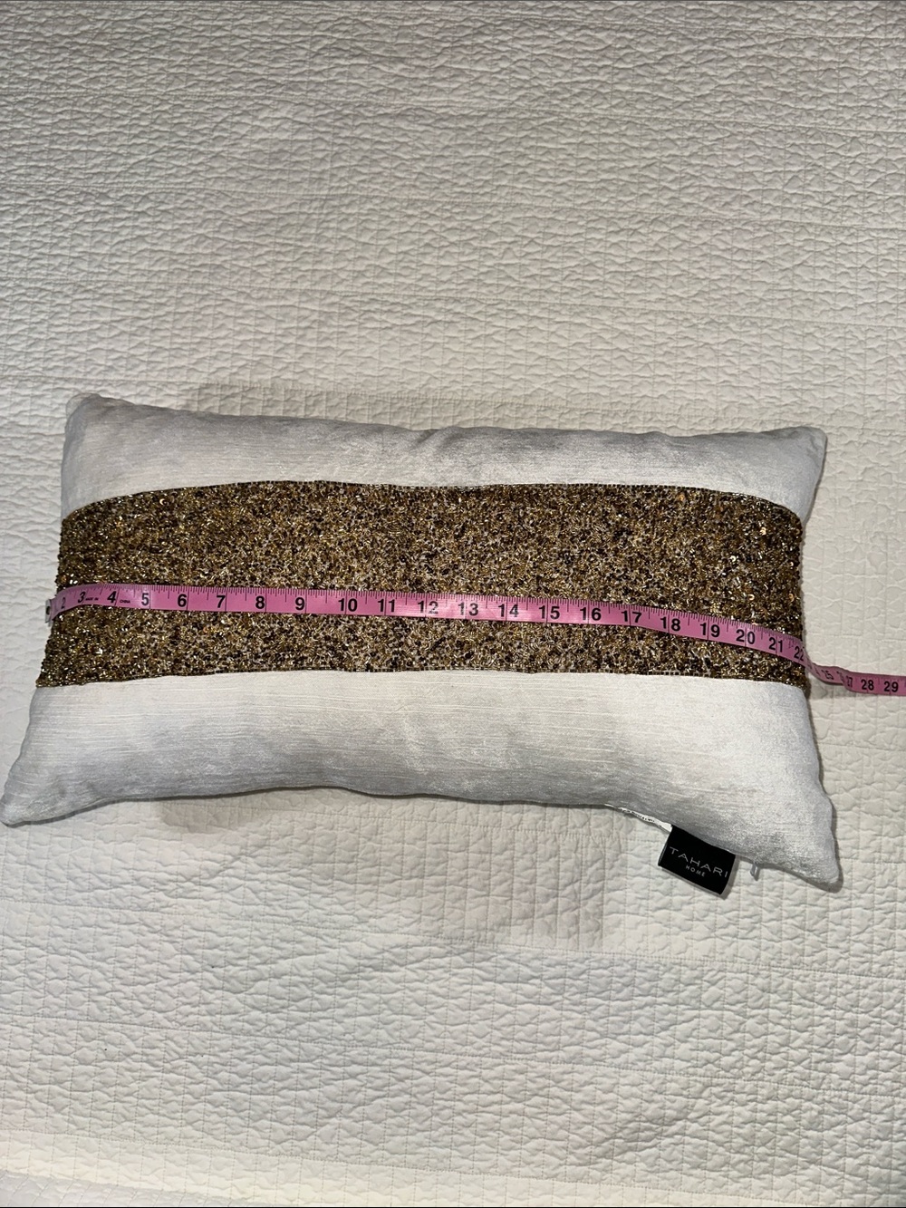 TAHARI White Velvet Down Filled Beaded Pillow Gold Lumbar like new - Picture 5 of 6